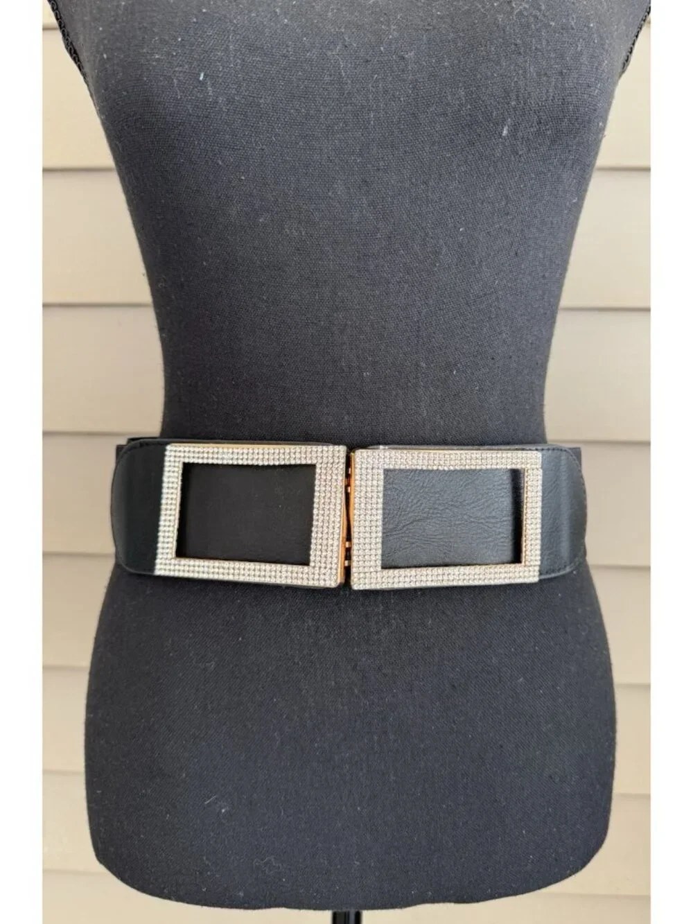 Women Black Stretch Wide Faux Leather Wide Fabric Belt Rhinestone Buckle Size M